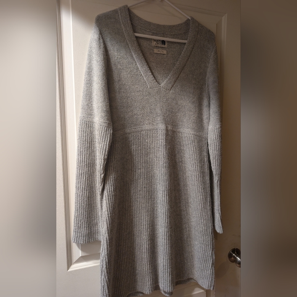 Gray V-Neck Knit Sweater Dress North face